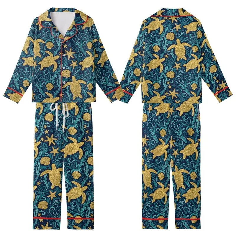 Women's Golden Sea Turtle Starfish Navy Aqua Teal Ornate Marine Foliage Design Kid Satin Pajamas Set - 1
