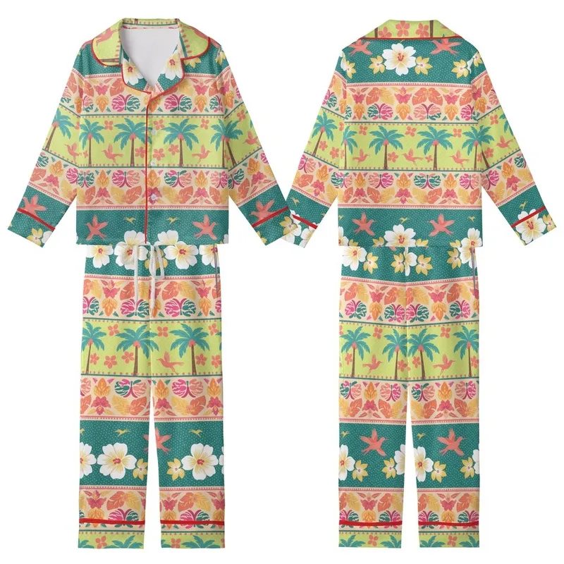 Bohemian Tropical Oasis: Vibrant Teal Coral Palm Tree & Exotic Bird Foliage Kid Satin Pajamas Set - 1