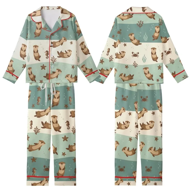 Otter Lover's Whimsical Ocean Otters Scene: Cream, Seafoam & Teal Wearable Design Kid Satin Pajamas Set - 1