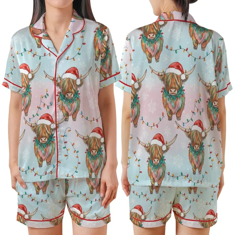 Festive Fluffy Highland Cow Calf: Whimsical Watercolor Art, Santa Hat, Teal Garland, Colorful String Lights & Snowflakes Design Satin Short-Sleeve Pajamas Set - 1