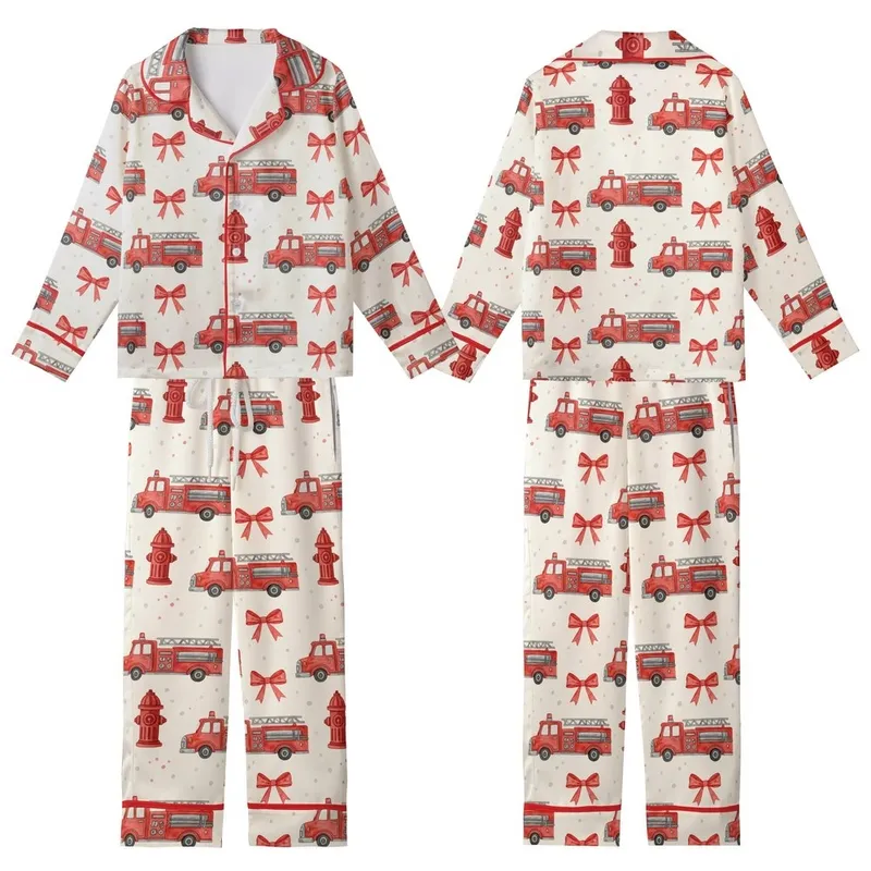 Whimsical Vintage Red Fire Truck Hydrant Watercolor Bows Wearable Item Kid Satin Pajamas Set - 1