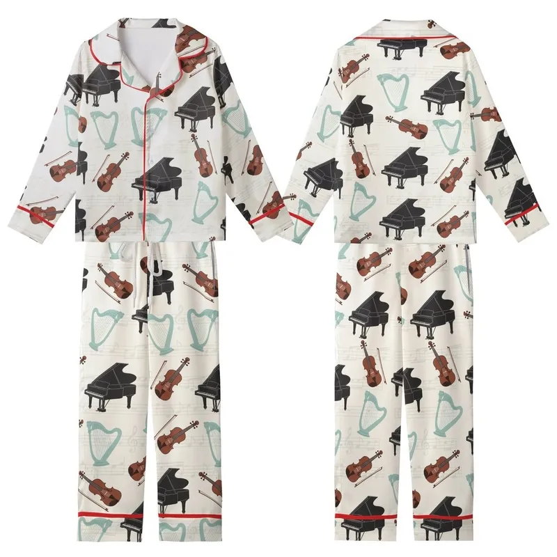 Music Lover's Whimsical Black Grand Piano Brown Violin Teal Harp Musical Notes Design Kid Satin Pajamas Set - 1