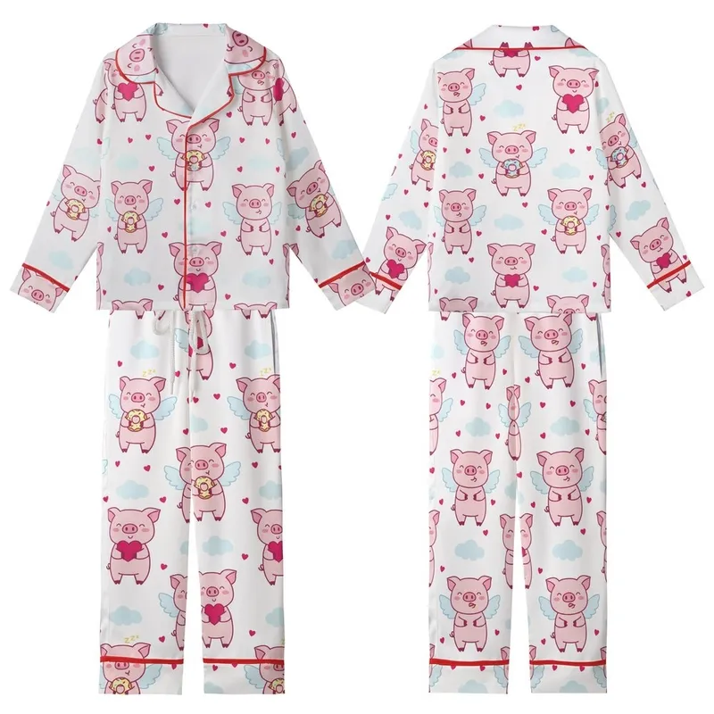 Whimsical Dreamer's Pastel Piglets Flying, Donut Munching, Sleeping & Heart Pattern Fashion Garment Kid Satin Pajamas Set - 1