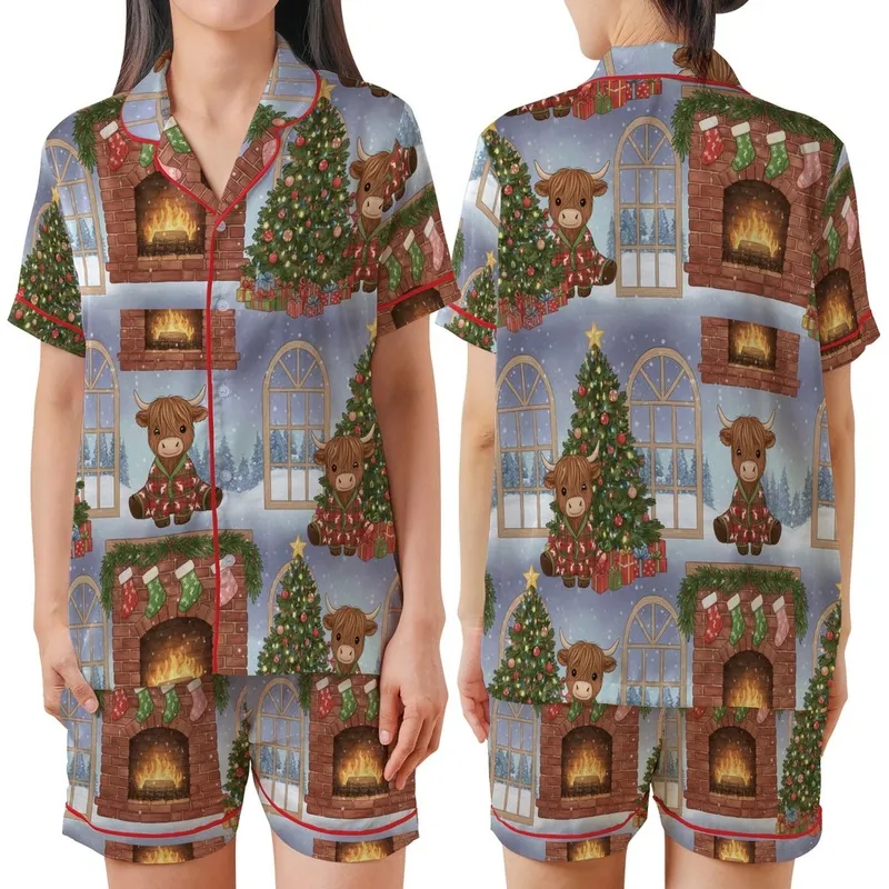 Festive Animal Lovers' Whimsical Highland Cow Christmas Tree Fireplace Scene, Plaid Pajamas, Red Green Snowfall Satin Short-Sleeve Pajamas Set - 1