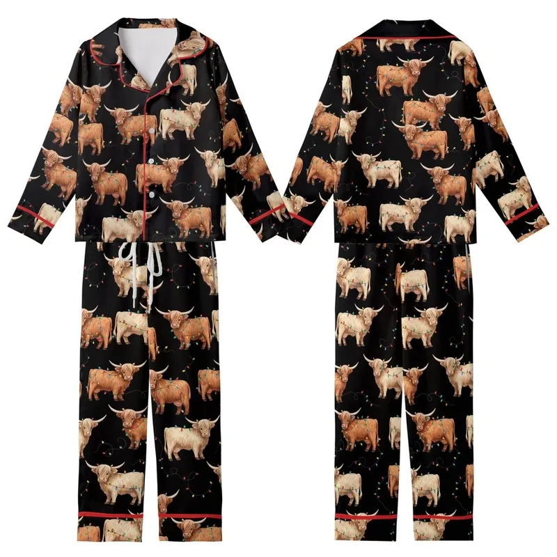 Highland Cow Christmas: Shaggy Watercolor Cows, Multi-Color Lights, Black Background - Festive Wearable Kid Satin Pajamas Set - 1