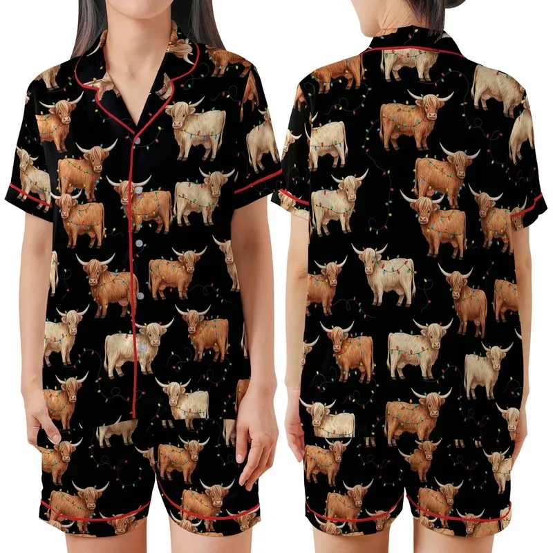 Highland Cow Christmas: Shaggy Watercolor Cows, Multi-Color Lights, Black Background - Festive Wearable Satin Short-Sleeve Pajamas Set - 1