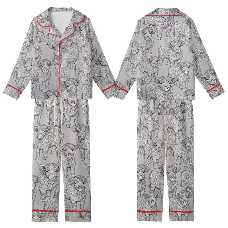 Highland Calf Lovers' Black & White Fluffy Calves All-Over Pattern - Serene Line Art Wearable Kid Satin Pajamas Set - 1