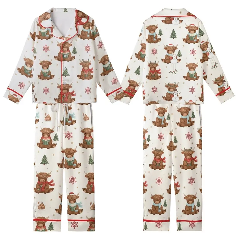 Highland Cow Lover's Cozy Winter Pattern: Whimsical Cows, Snowmen & Gingerbread Fun Kid Satin Pajamas Set - 1