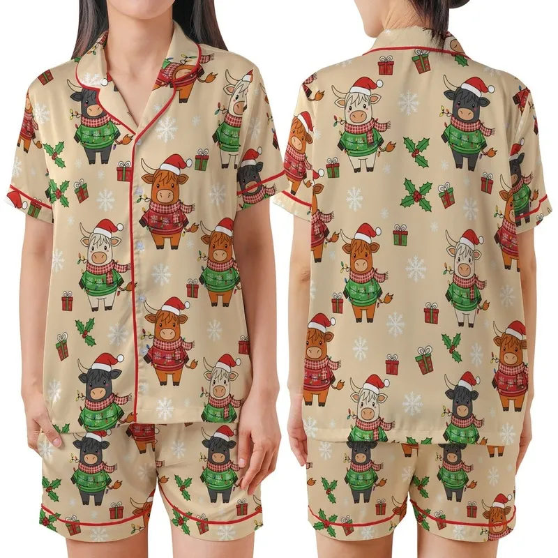 Highland Cow Christmas: Adorable Cows in Festive Sweaters, Santa Hats, Holly & Gifts - Festive Wear Satin Short-Sleeve Pajamas Set - 1