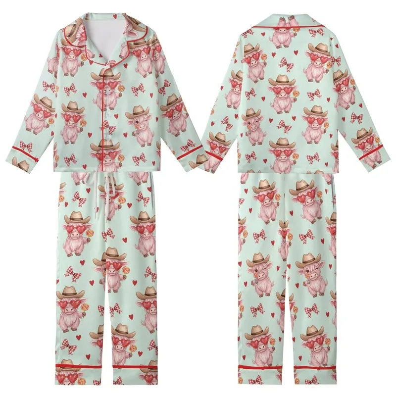 Women's Whimsical Dusty Rose Watercolor Highland Cows with Cowboy Hats & Red Heart Sunglasses, Mint Green Gingham Plaid Kid Satin Pajamas Set - 1
