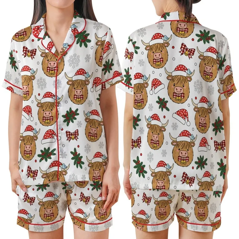 Whimsical Highland Cow Christmas Design: Festive Santa Hats, Bells & Snowflakes Satin Short-Sleeve Pajamas Set - S-BoqIlEs2