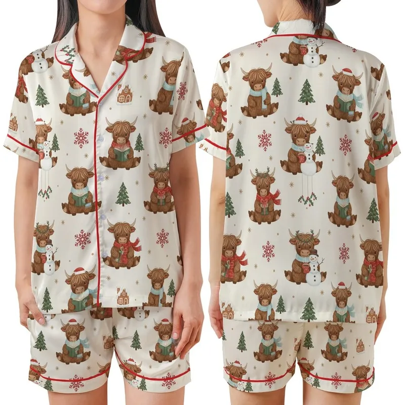 Highland Cow Lover's Cozy Winter Pattern: Whimsical Cows, Snowmen & Gingerbread Fun Satin Short-Sleeve Pajamas Set - 1