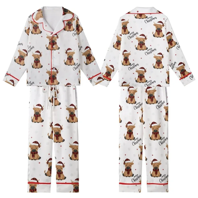 Women's Rustic Festive Highland Cow Buffalo Plaid Santa Hat & Snowflake Kid Satin Pajamas Set - f2CuiniAxx