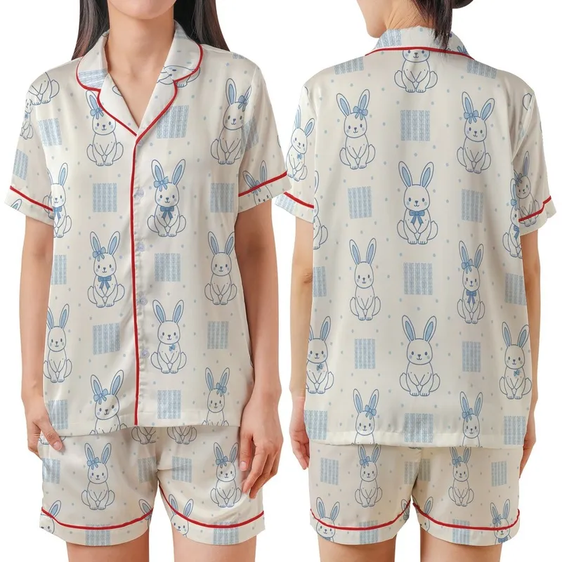 Cozy Aesthetic: Baby Blue Rabbit Cable Knit & Polka Dot Design Satin Short-Sleeve Pajamas Set - 1