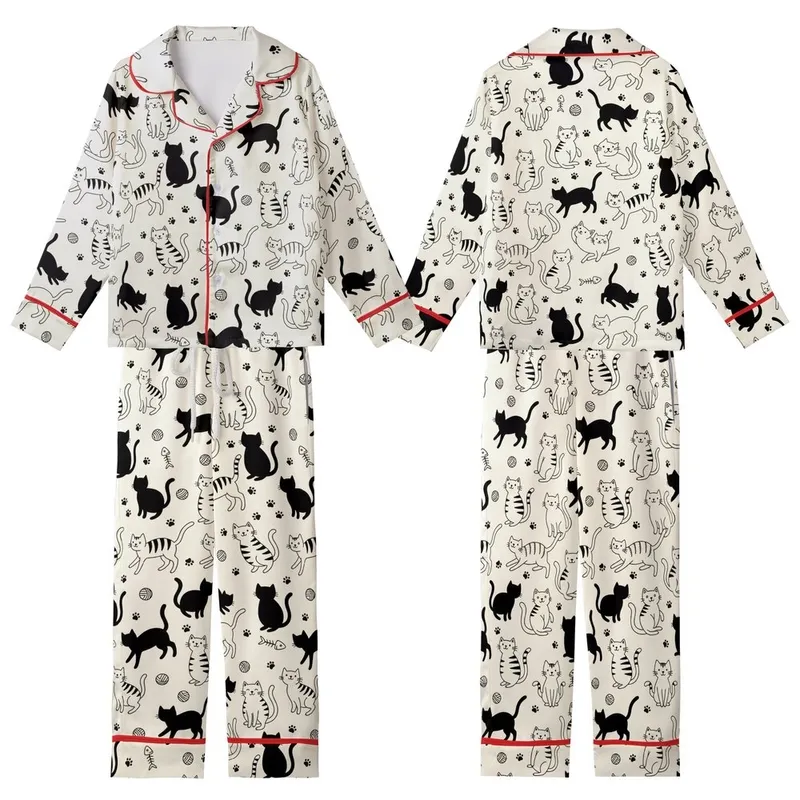 Feline Fanatics Whimsical Black Striped Silhouette Cats Cream Background Everyday Wear Kid Satin Pajamas Set - IsfahylYIm