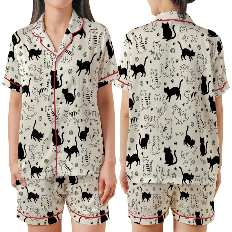 Feline Fanatics Whimsical Black Striped Silhouette Cats Cream Background Everyday Wear Satin Short-Sleeve Pajamas Set - ssVqGNouwP