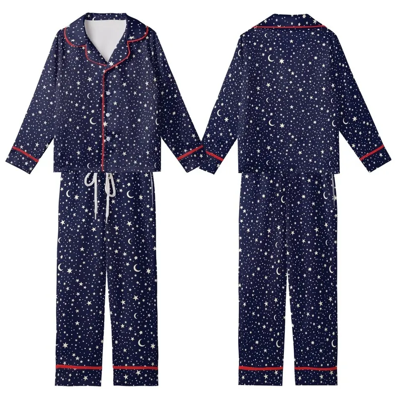 Stargazer's: Scattered White Celestial Pattern Deep Midnight Blue Wearable Kid Satin Pajamas Set - 1