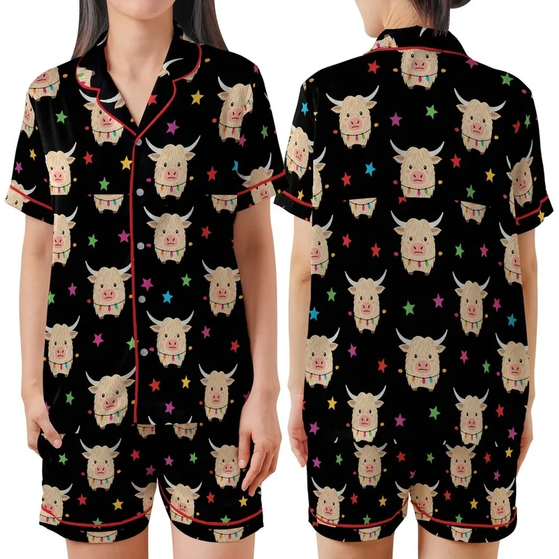 Highland Cow Lover: Whimsical Fluffy Cow Christmas Lights Multi-Color Stars Black Sweater Satin Short-Sleeve Pajamas Set - 69OTINk-g-