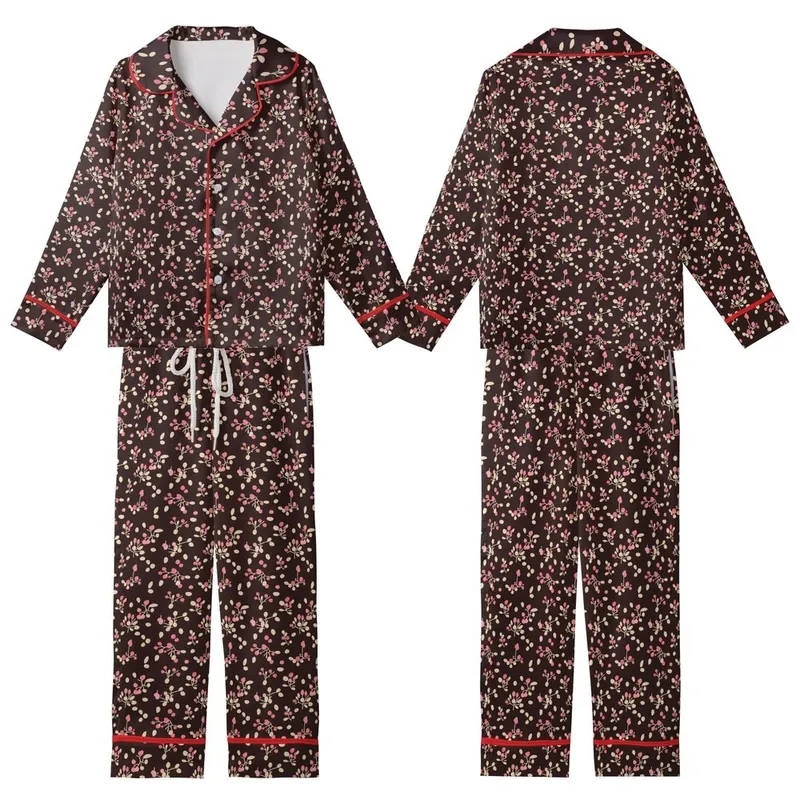Nature-Inspired Rose Pink Fawn Berry Scatter on Deep Chocolate Brown Custom Print Kid Satin Pajamas Set - 1