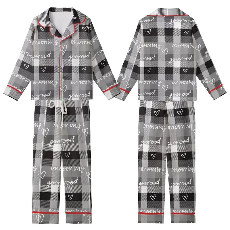 Cozy Rustic Plaid: Black White Gray Good Morning Heart Script Lumberjack Style Kid Satin Pajamas Set - 1
