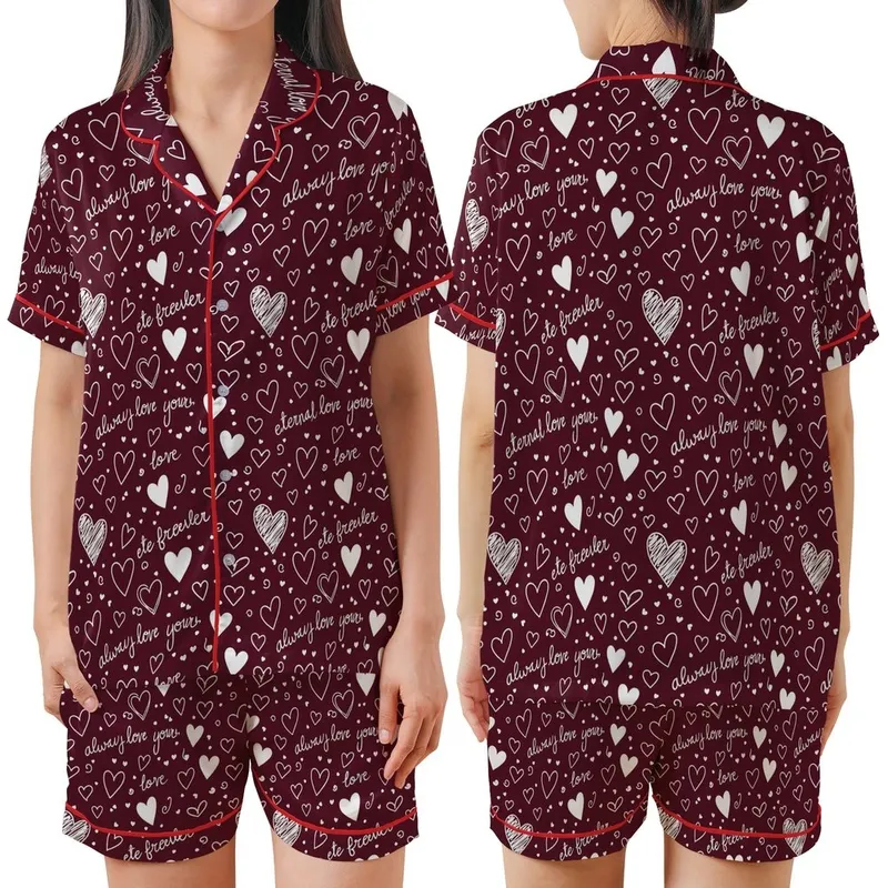Romantic Hearts: Deep Maroon White Hand-Sketched Hearts & Eternal Love Script Scattered Design Satin Short-Sleeve Pajamas Set - wihj8CW1sS