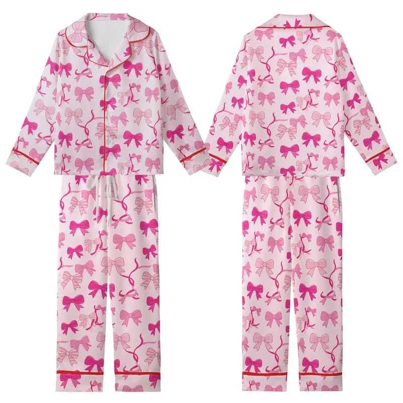 Women's Charming Fuchsia Rose Pink Bows & Ribbons Garment - Pale Pink, Striped & Solid Kid Satin Pajamas Set - 1
