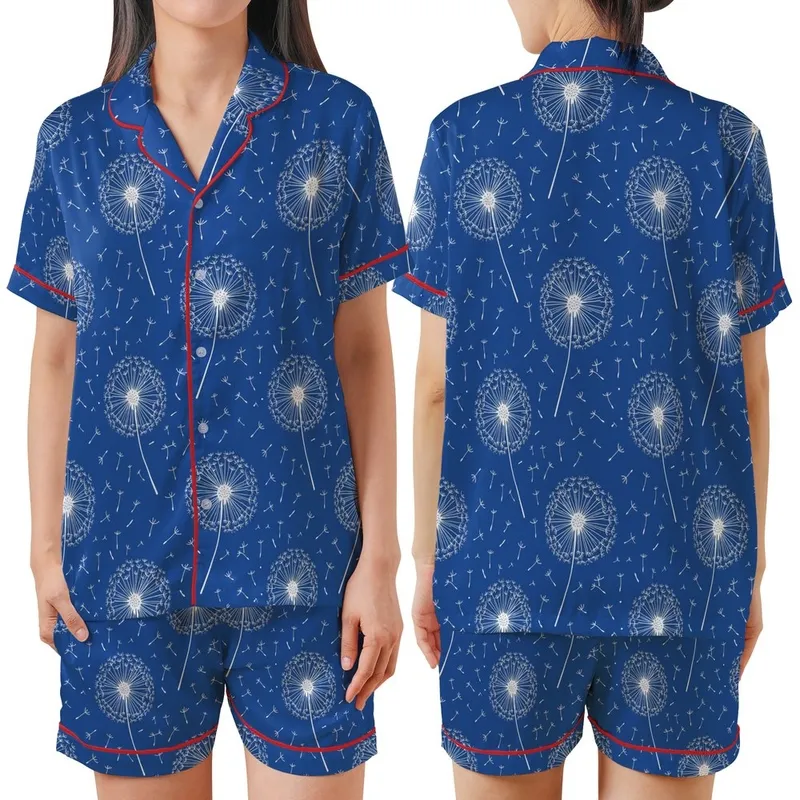Dandelion Spirit: Flowing White Seeds Delicate Heads Royal Blue Wearable Design Satin Short-Sleeve Pajamas Set - 1