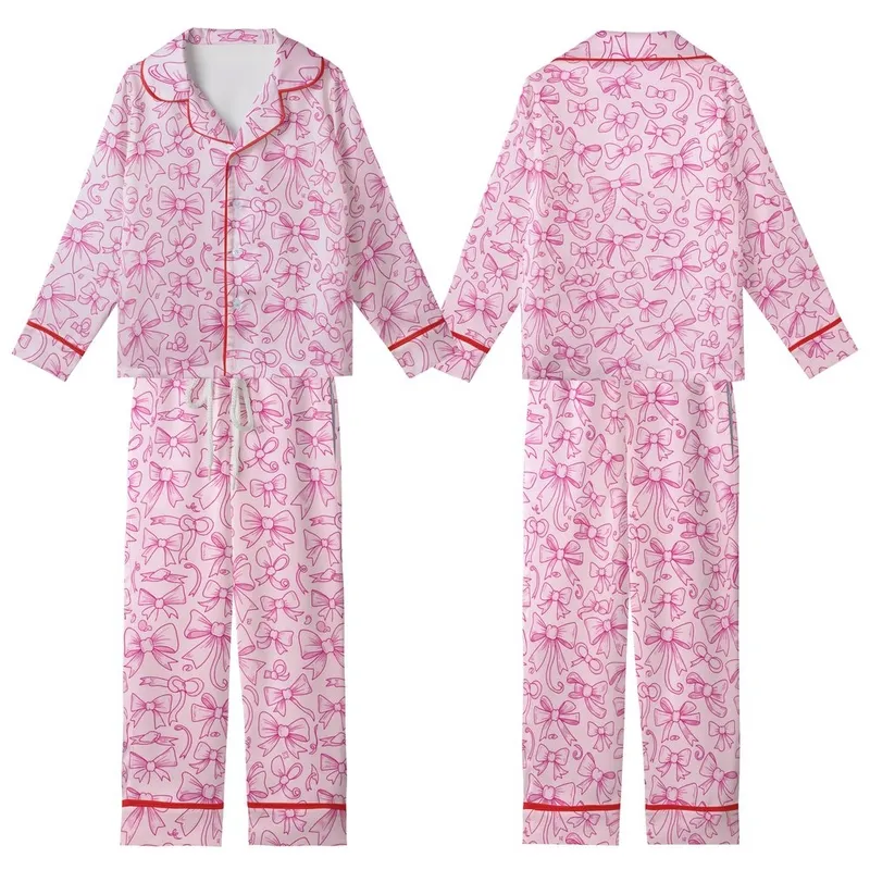 Charming Fashion: Hand-Drawn Fuchsia Bow & Ribbon Pattern - Pastel Pink Wearable Print Kid Satin Pajamas Set - 1