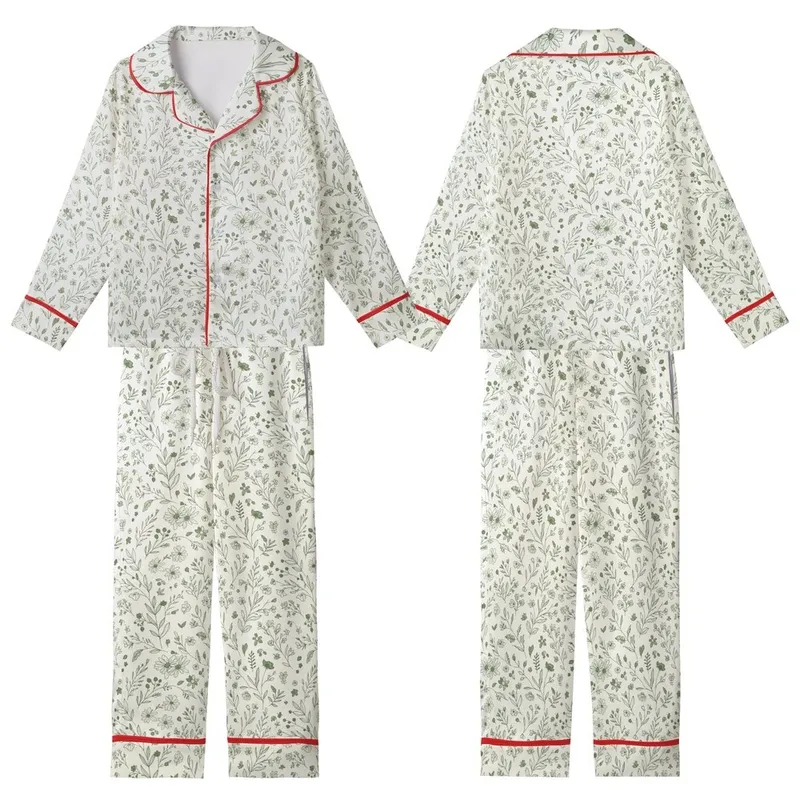 Nature Lover's Flowing Botanical Design – Hand-Drawn Wildflowers & Leafy Branches on Off-White Kid Satin Pajamas Set - gswWIh97Ex