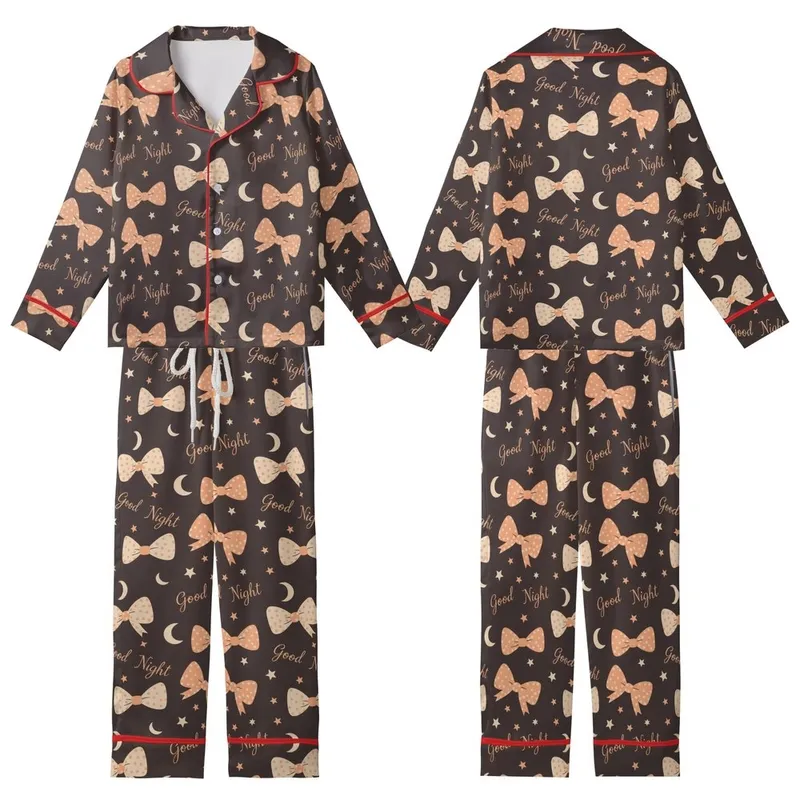 Sweet Dreams Lover's Whimsical Peach Beige Bow, Good Night, Star & Moon Pattern on Charcoal Loungewear Kid Satin Pajamas Set - 1