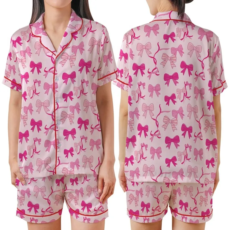 Women's Charming Fuchsia Rose Pink Bows & Ribbons Garment - Pale Pink, Striped & Solid Satin Short-Sleeve Pajamas Set - 1