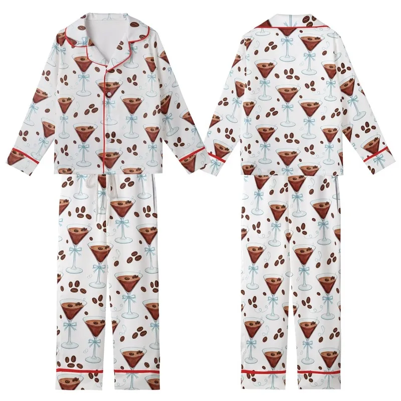 Martini Enthusiast: Elegant Watercolor Reddish-Brown Martini Glass with Dark Coffee Beans & Light Blue Ribbon Pattern Kid Satin Pajamas Set - 1