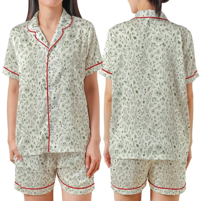 Nature Lover's Flowing Botanical Design – Hand-Drawn Wildflowers & Leafy Branches on Off-White Satin Short-Sleeve Pajamas Set - x38V0zUnku
