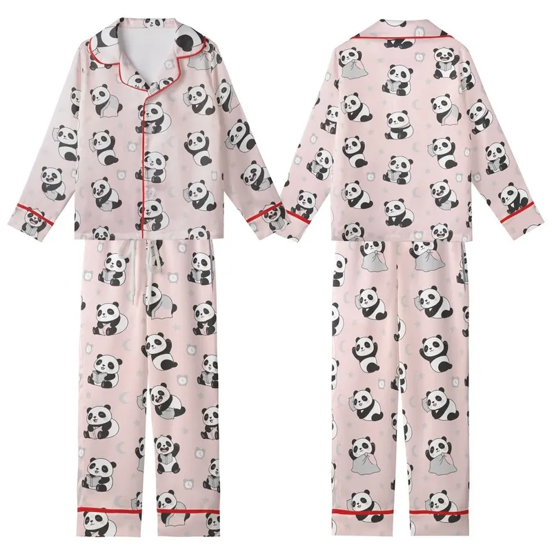 Panda Lover's Pastel Pink Dreamscape: Cute Sleepy Cartoon Panda Moons & Stars Pattern Kid Satin Pajamas Set - 1