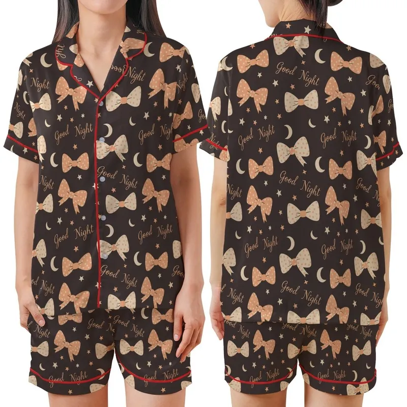 Sweet Dreams Lover's Whimsical Peach Beige Bow, Good Night, Star & Moon Pattern on Charcoal Loungewear Satin Short-Sleeve Pajamas Set - 1