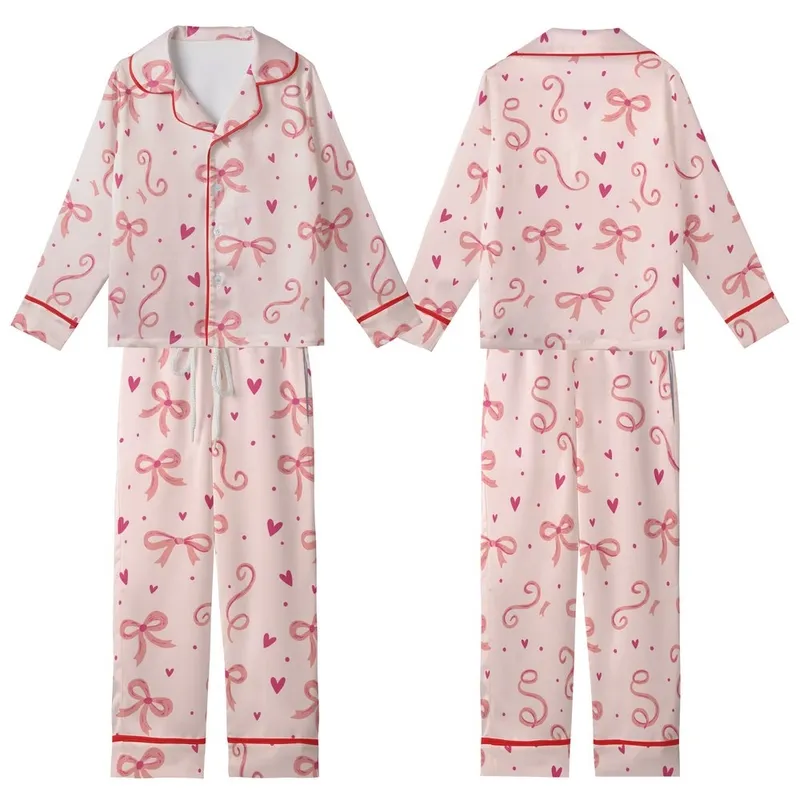 Feminine Whimsical Pastel Pink Ribbons & Bows Design with Fuchsia Hearts Kid Satin Pajamas Set - 1