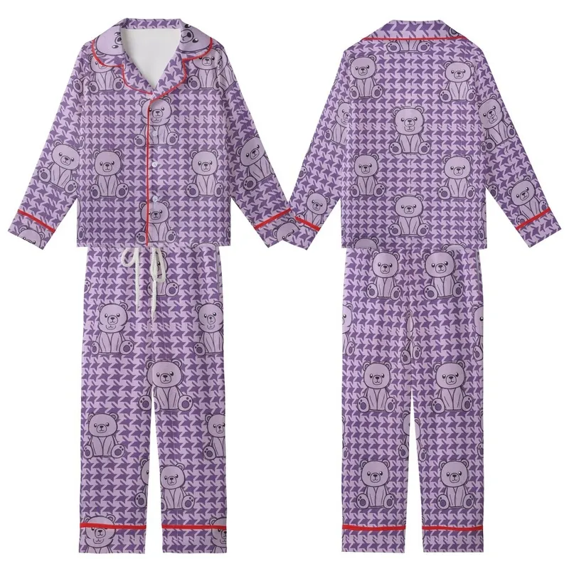 Whimsical Bear Fan: Lavender Geometric Houndstooth Violet Sitting Bear Design Kid Satin Pajamas Set - 0Qk56M3UA_