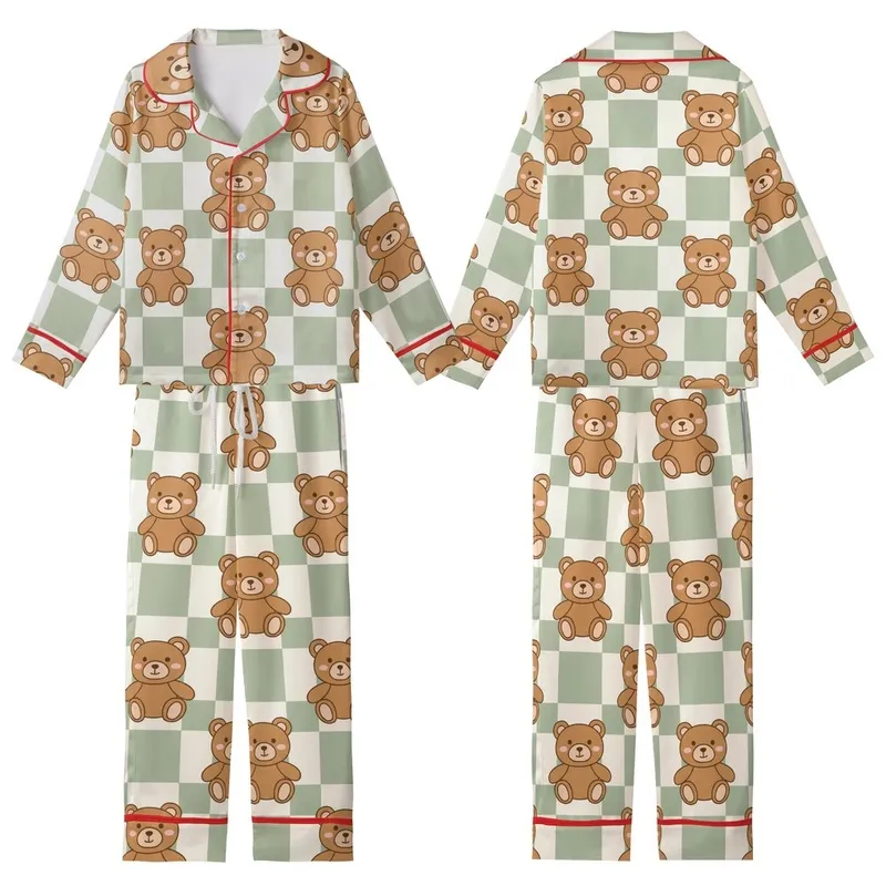 Cozy Comfort: Cute Cartoon Teddy Bears Light Sage Gingham Pattern Loungewear Kid Satin Pajamas Set - 9IigjAx3HV
