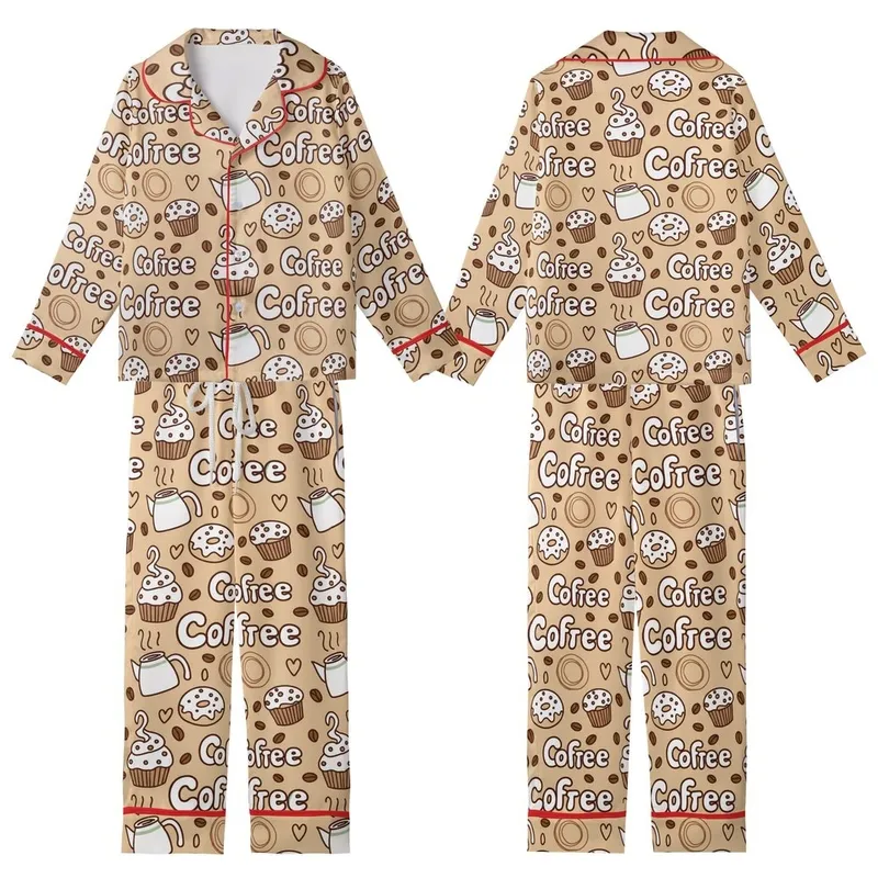 Coffee Lover's Whimsical Cafe & Sweet Treats Pattern Cozy Loungewear Kid Satin Pajamas Set - 1