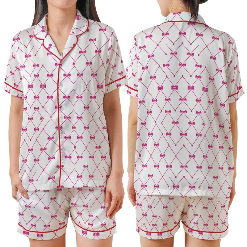 Sweet Elegance Pink Bow Diamond Lattice Magenta Dot Fashion Statement Satin Short-Sleeve Pajamas Set - 1