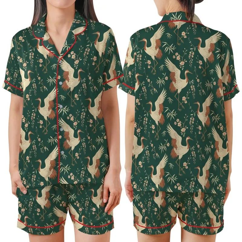 Elegant East Asian Inspired: Cream Ink Wash Cranes Peach Beige Wisteria - Wearable Art Satin Short-Sleeve Pajamas Set - 1