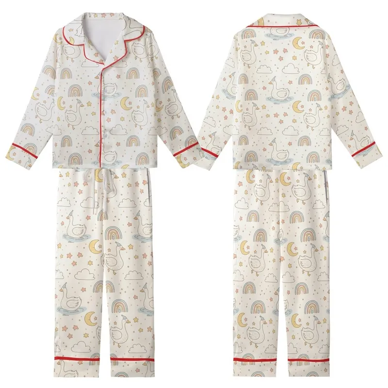 Whimsical Dreamer's Goose & Moon Cloud Play Pattern - Cozy Textile Item Kid Satin Pajamas Set - 1