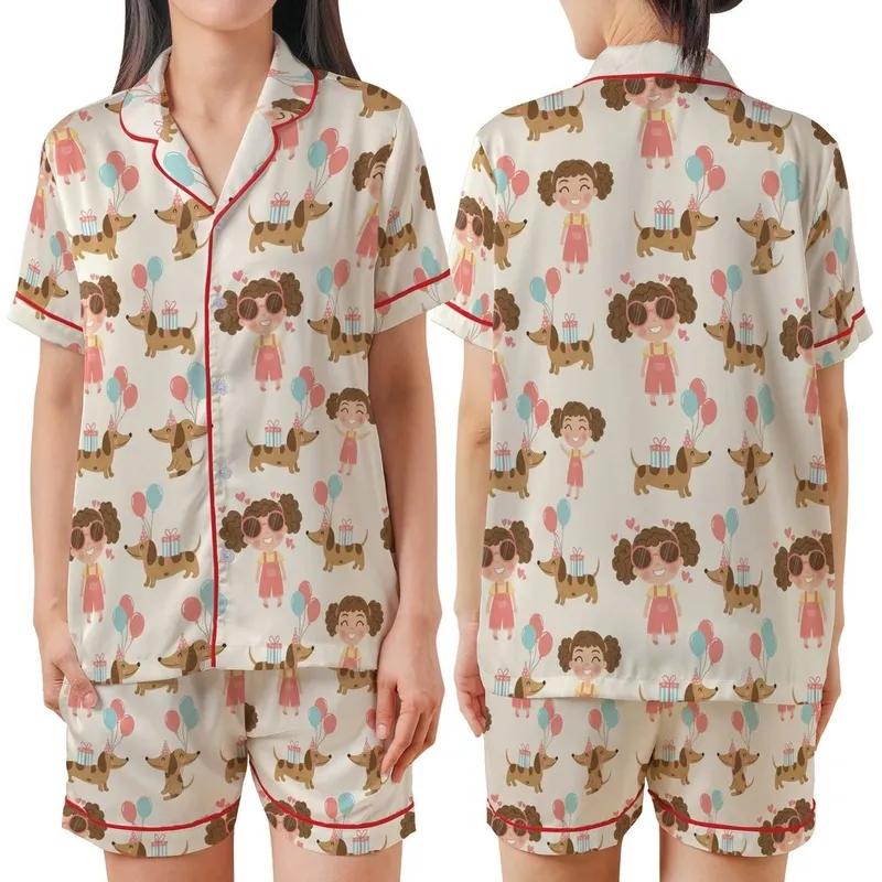 Dachshund Lover's Winking Cartoon Girl & Party Dogs Customizable Item Satin Short-Sleeve Pajamas Set - 1