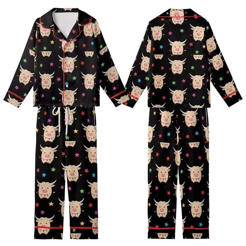 Highland Cow Lover: Whimsical Fluffy Cow Christmas Lights Multi-Color Stars Black Sweater Kid Satin Pajamas Set - Lx4oNOIUv1