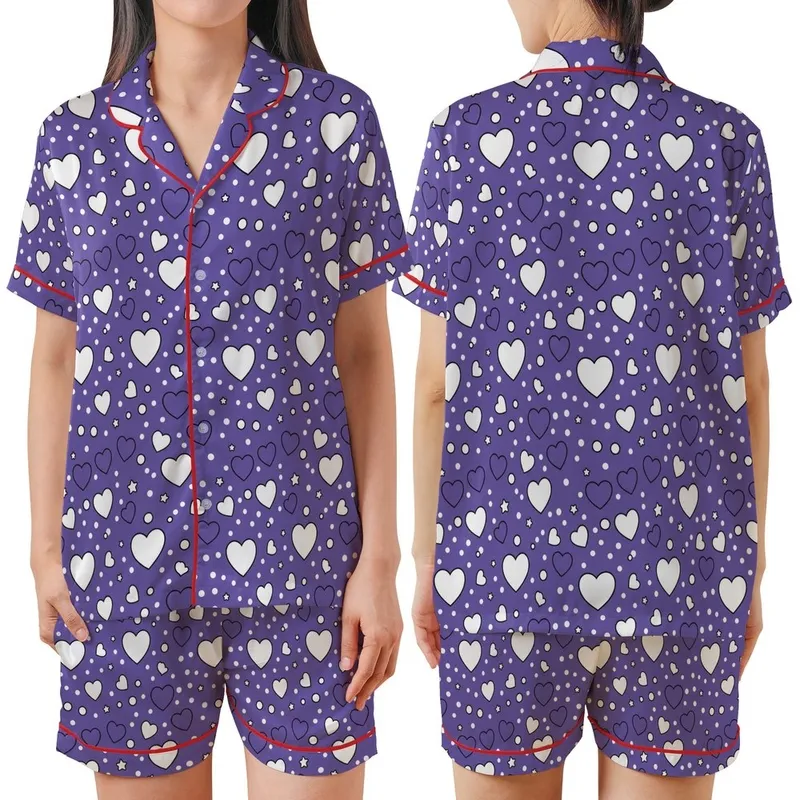 Playful Heart's Medium Purple Scattered White & Outline Hearts, Stars, & Dots Pattern Loungewear Satin Short-Sleeve Pajamas Set - 1