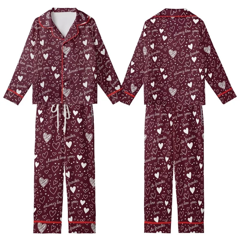 Romantic Hearts: Deep Maroon White Hand-Sketched Hearts & Eternal Love Script Scattered Design Kid Satin Pajamas Set - 8O8_zFkzkQ