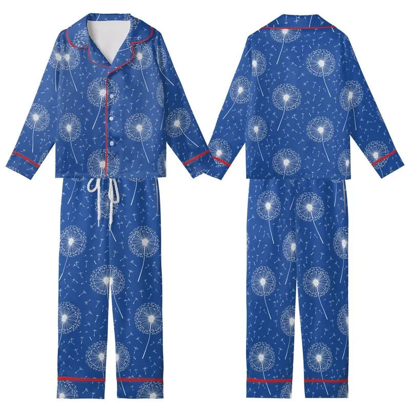 Dandelion Spirit: Flowing White Seeds Delicate Heads Royal Blue Wearable Design Kid Satin Pajamas Set - 1