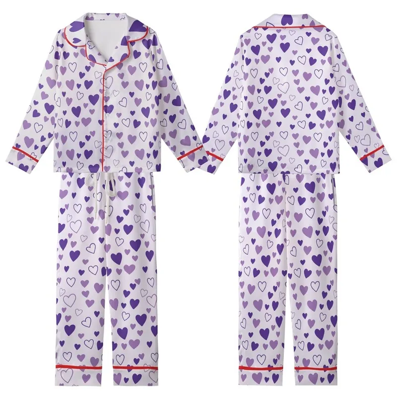 Sweetheart's Playful Lavender Purple Hearts All-Over Wearable Design Kid Satin Pajamas Set - 1