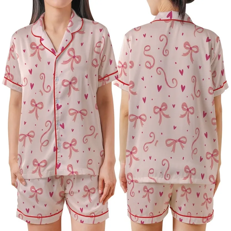 Feminine Whimsical Pastel Pink Ribbons & Bows Design with Fuchsia Hearts Satin Short-Sleeve Pajamas Set - 1