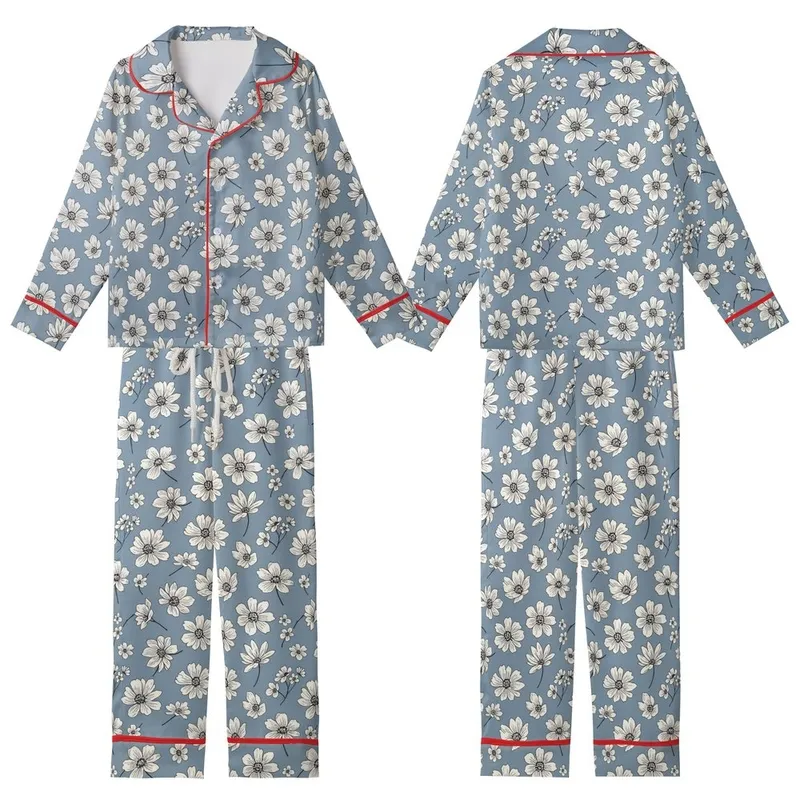 Nature-Inspired Delicate White Floral Pattern on Muted Blue-Grey Wearable Kid Satin Pajamas Set - 1